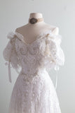 Elegant White A-line V-neck Short Sleeve Lace Floor-length Wedding Dress HZ1024