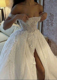 Elegant White Off Shoulder 3D Flower Front Slit Wedding Dress HZ1024
