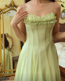 Green A-line spaghetti strap tulle ball gown evening dress HZ1024