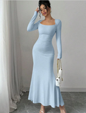 Simple Blue Mermaid Long Sleeve Prom Dress HZ1024