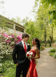 Burgundy Mermaid Sequin Sweetheart Neck Strapless Satin High Slit Floor Length Ball Gown Evening Dress HZ1024