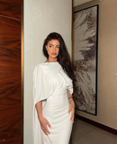 Elegant White Mermaid Cape Shawl Satin Formal Evening Dress HZ1024