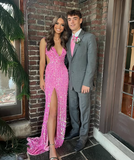 Charming Mermaid Deep V Neck Pink Sequin High Slit Formal Prom Dress Evening Gown HZ1024