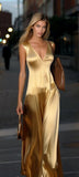 Simple Gold Deep V Neck Straps Sleeveless Satin Formal Prom Dress Evening Gown HZ1024