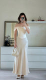 Elegant Ivory White Mermaid Off Shoulder Satin Ankle Length Evening Dress HZ1024