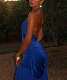 Sexy Sapphire Blue V-neck Halter Backless Satin Formal Ball Gown Evening Dress HZ1024