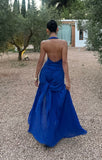 Sexy Sapphire Blue V-neck Halter Backless Satin Formal Ball Gown Evening Dress HZ1024