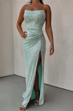 Elegant Green Strapless Sequined High Slit Formal Prom Dress Evening Gown HZ1024