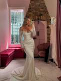 Elegant Mermaid Off-shoulder Lace Long Sleeve Satin Train Wedding Dress HZ1024