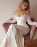 Elegant Mermaid Off-shoulder Lace Long Sleeve Satin Train Wedding Dress HZ1024