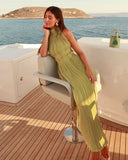 Chic Green Collarless Sleeveless Pleated Length Ankle Formal Prom Dress Evening Gown HZ1024