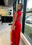 Soft Drape Red Turtleneck Sleeveless High Slit Floor Length Formal Prom Dress Evening Gown HZ1024