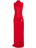 Soft Drape Red Turtleneck Sleeveless High Slit Floor Length Formal Prom Dress Evening Gown HZ1024