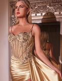 Elegant Gold Mermaid Spaghetti Straps Shiny Beaded High Slit Satin Formal Prom Dress Evening Gown HZ1024