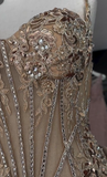 Elegant Gold Mermaid Spaghetti Straps Shiny Beaded High Slit Satin Formal Prom Dress Evening Gown HZ1024