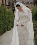 Gorgeous White Mermaid High Neck Long Sleeve Lace Train Wedding Dress HZ1024