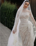 Gorgeous White Mermaid High Neck Long Sleeve Lace Train Wedding Dress HZ1024