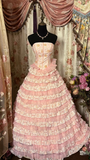 Vintage Pink A-Line Strapless Layered Tulle Floor Length Ball Gown Evening Dress HZ1024