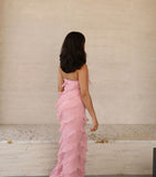 Soft Chiffon Halter Neck Off Shoulder Sleeveless Tiered Ruffle Length Ankle Ball Gown Evening Dress HZ1024