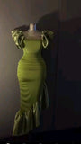 Elegant Green Mermaid Satin Beaded Irregular Skirt Ball Gown Evening Dress HZ1024