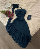 Blue Chiffon Halter Neck Off Shoulder Sleeveless Ruffled Homecoming Dress HZ1024