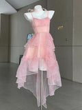 Sweet Pink Birthday Party Dress Strapless Layered High Low Homecoming Dress HZ1024