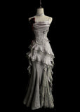 Vintage Silver Grey Mermaid Strap Sleeveless Lace Edge Ball Gown Evening Dress HZ1024