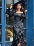Vintage Black Mermaid Long Sleeve Ruffle Graduation Gown Evening Dress HZ1024