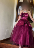 Rose Pink A-line Off-shoulder Sleeveless Satin 3D Floral Tulle Formal Prom Dress Evening Gown HZ1024