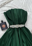 Chic Dark Green A-line Off-shoulder Sleeveless Satin Ball Gown Evening Dress HZ1024