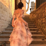 Sweet Pink A-line Short Sleeve Chiffon High-Low Ball Gown Evening Dress HZ1024