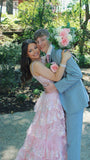 Elegant Pink A-line Strap Slit Layered Shiny Ball Gown Evening Dress HZ1024