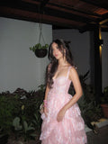 Elegant Pink A-line Strap Slit Layered Shiny Ball Gown Evening Dress HZ1024