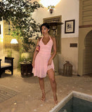 Charming Pink A-line Halter Neck Tulle Short Party Dress Prom Gown HZ1024