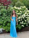 Blue Long Straps Sweetheart Party Dress Formal Dress, Blue Satin Evening Dress HZ1024