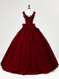 Burgundy Velvet Long Prom Dress with Flower, Beautiful A-Line Formal Party Dress HZ1024