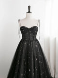 Charming Black Sweethart Tulle Straps A-line Long Formal Dress, Black Prom Dress HZ1024
