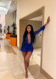 Charming Blue Long Sleeve Low Neck Mermaid Short Ball Gown HZ1024