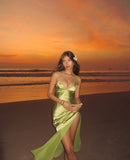 Spaghetti Strap Green Satin Slit Simple Ball Gown Evening Dress HZ1024