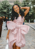 Chic Pink Strapless Bow Irregular Skirt Short Prom Dress Evening Gown HZ1024