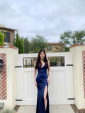 Navy Spaghetti Strap V Neck Satin Slit Formal Long Prom Dress Bridesmaid Dress HZ1024