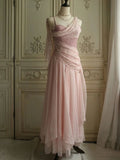 Vintage Pink Strap Pearl Long Prom Dress Evening Dress HZ1024