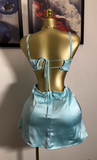Chic Green Spaghetti Strap Waist Cutout Satin Backless Short Party Dress Homecoming Dress HZ1024