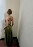 Halterneck Elegant Green Backless Satin A-Line Prom Dress Evening Gown HZ1024