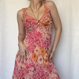 Vintage Pink Printed V Neck Sleeveless Chiffon Prom Dress Evening Dress HZ1024