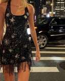 Shiny Black Sleeveless Star Sequined Tassel Mini Party Dress Homecoming Dress HZ1024