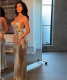 Shiny Gold Spaghetti Strap Sleeveless Low Cut Backless Mermaid Long Prom Dress Evening Dress HZ1024