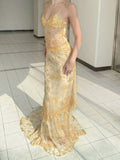 Gorgeous Spaghetti Strap Sleeveless Sequin Beaded Floor-Mounting Mermaid Long Prom Dress Evening Dress HZ1024