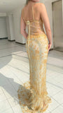 Gorgeous Spaghetti Strap Sleeveless Sequin Beaded Floor-Mounting Mermaid Long Prom Dress Evening Dress HZ1024