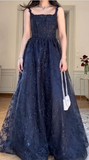 Elegant A-Line Navy Strap Lace Long Prom Dress Evening Gown HZ1024